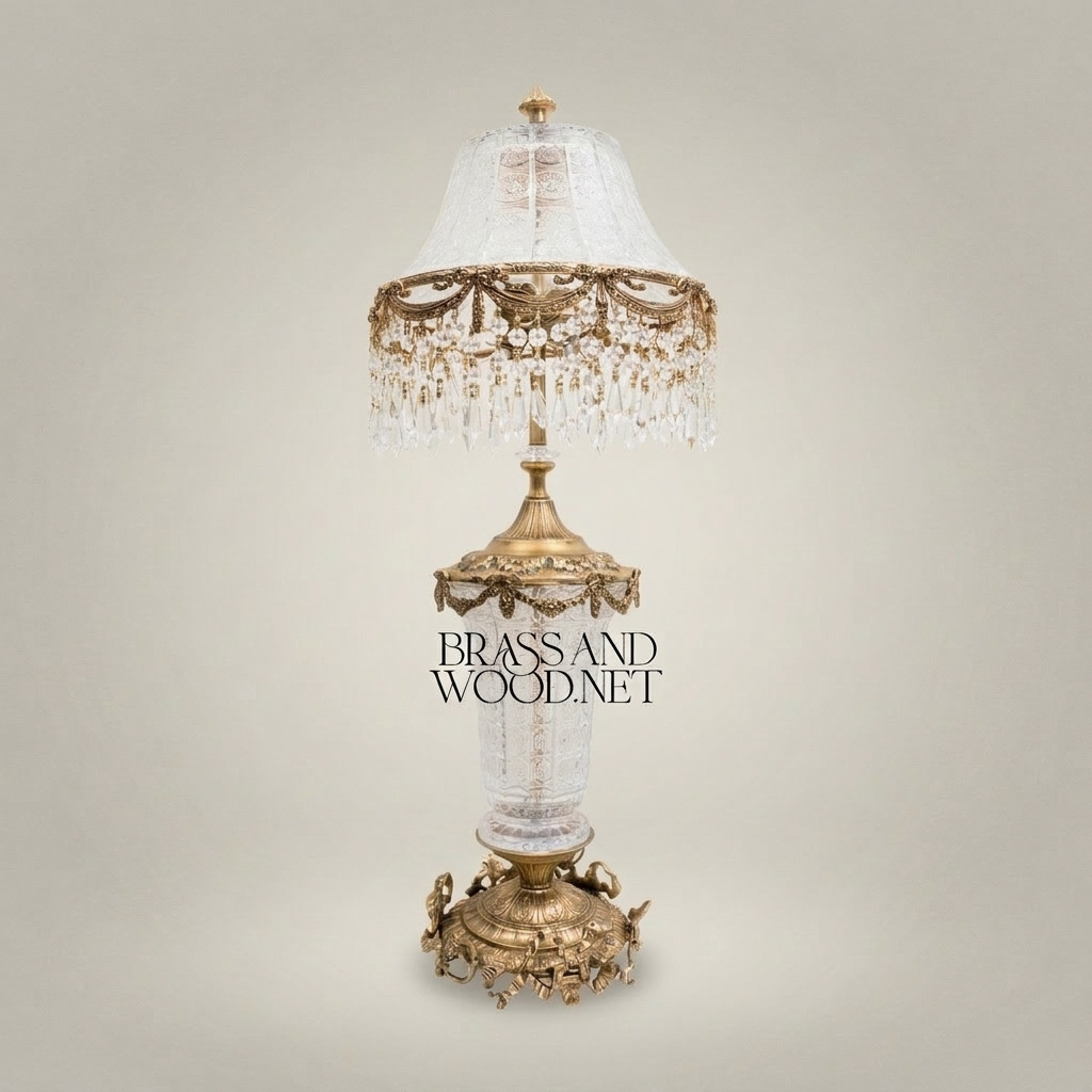 Baroque Crystal & Brass Table Lamp with Crystal Fringe Shade — Antique Gold
