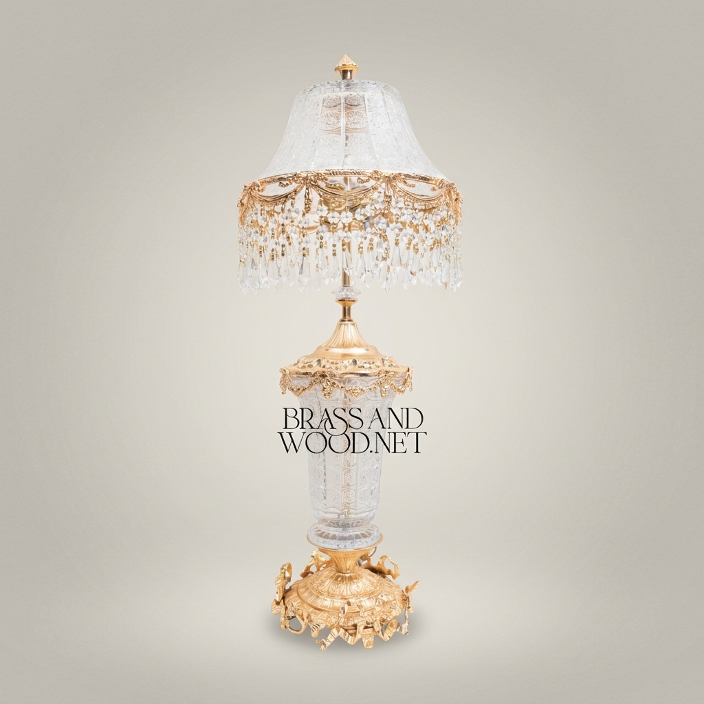 Baroque Crystal & Brass Table Lamp with Crystal Fringe Shade — Gold