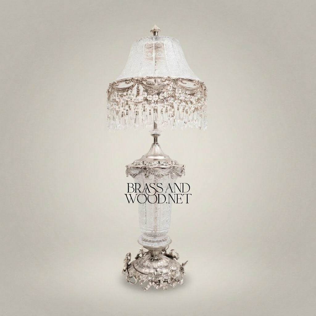 Baroque Crystal & Brass Table Lamp with Crystal Fringe Shade — Silver