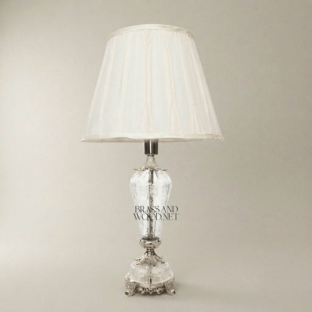 Baroque Crystal & Brass Table Lamp - Hand-Engraved Urn Body — Silver