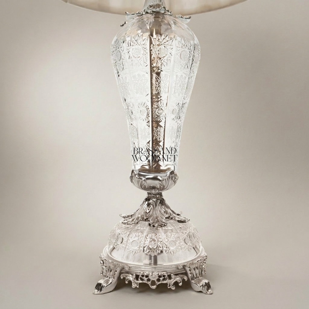 Baroque Crystal & Brass Table Lamp - Hand-Engraved Urn Body — Silver