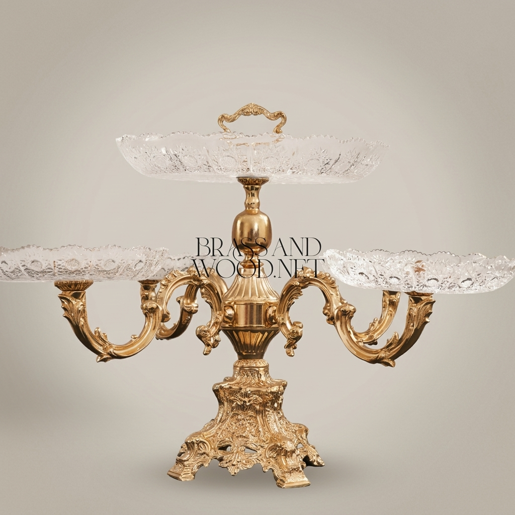 Baroque Crystal & Brass Tiered Centerpiece Stand with Side Trays