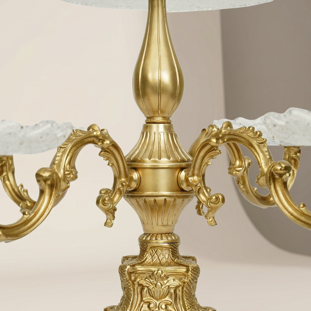 Baroque Crystal & Brass Tiered Centerpiece Stand with Side Trays — Antique Gold