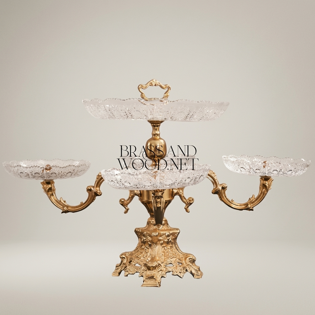 Baroque Crystal & Brass Tiered Centerpiece Stand with Side Trays — Gold
