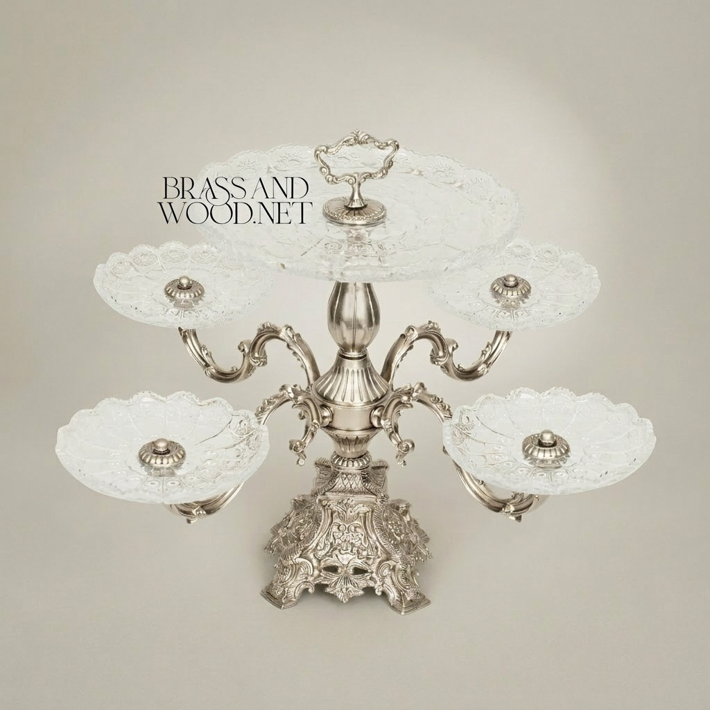 Baroque Crystal & Brass Tiered Centerpiece Stand with Side Trays — Silver