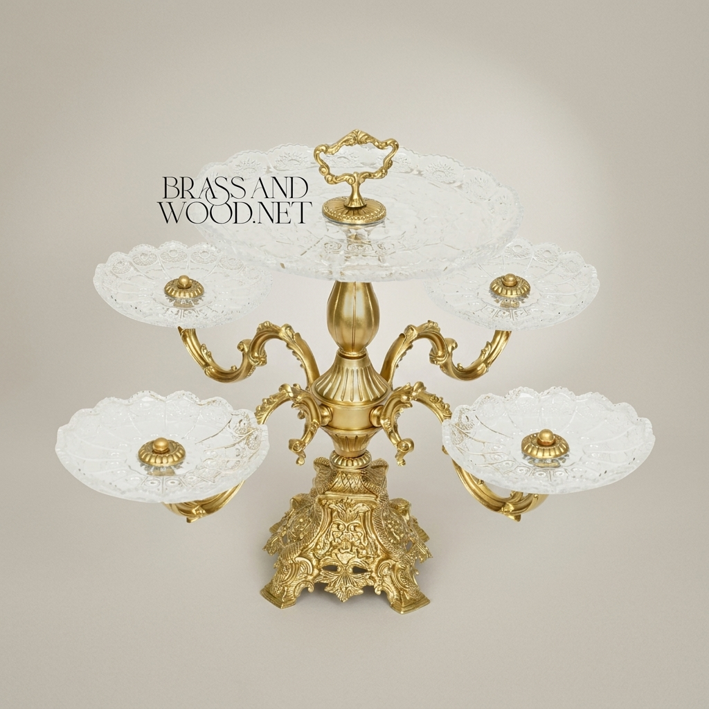 Baroque Crystal & Brass Tiered Centerpiece Stand with Side Trays — Antique Gold