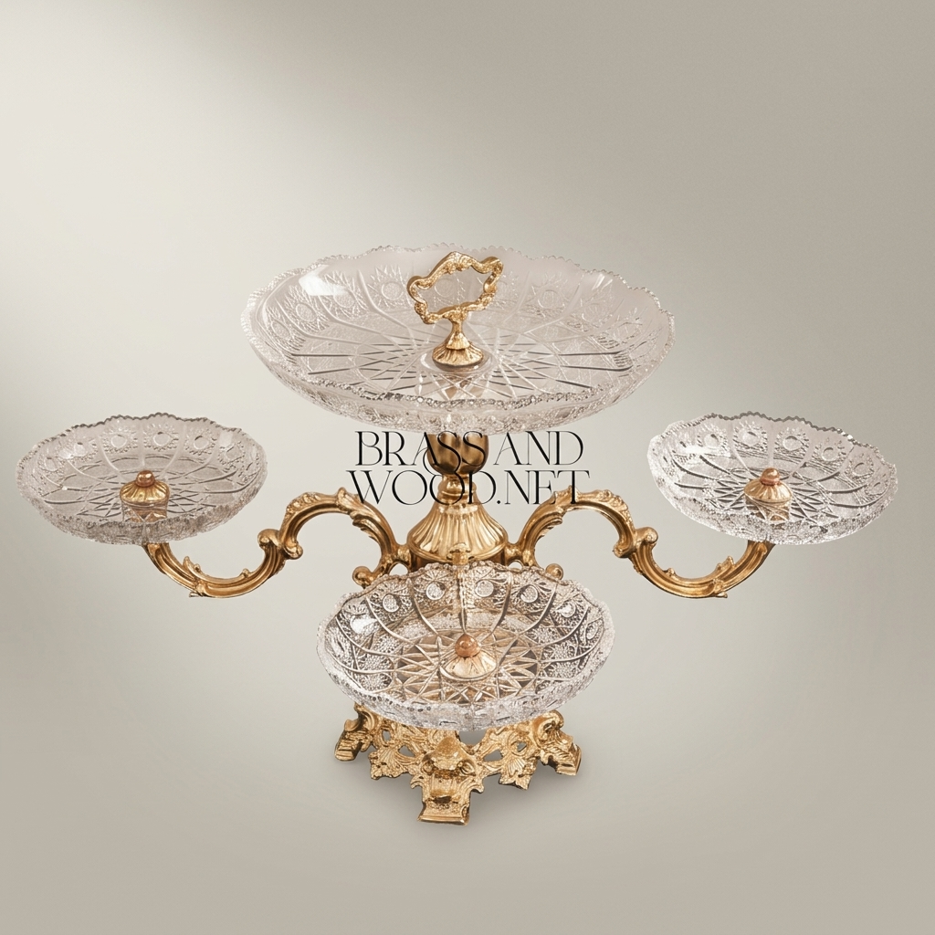 Baroque Crystal & Brass Tiered Centerpiece Stand with Side Trays