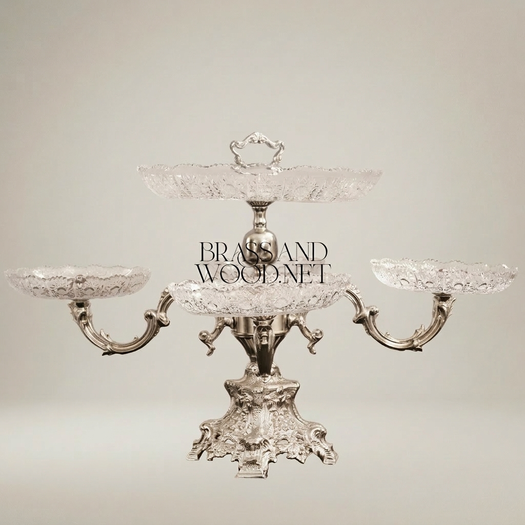 Baroque Crystal & Brass Tiered Centerpiece Stand with Side Trays — Silver
