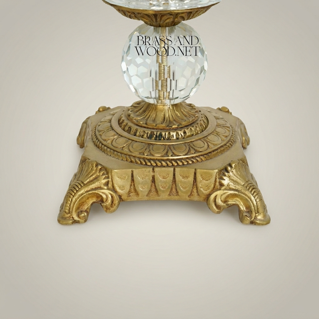 Baroque Crystal & Brass Two-Arm Candelabra with Engraved Urn Body — Antique Gold