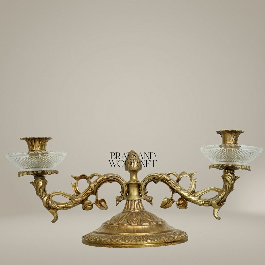 Baroque Crystal & Brass Two-Arm Candelabra with Engraved Urn Body — Antique Gold