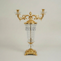 Baroque Crystal & Brass Two-Arm Candelabra with Engraved Urn Body — Gold