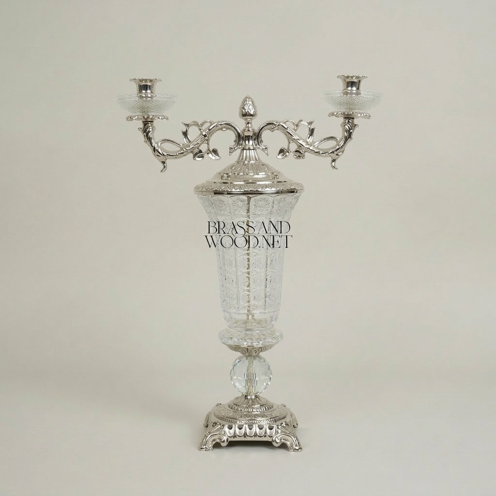 Baroque Crystal & Brass Two-Arm Candelabra with Engraved Urn Body — Silver