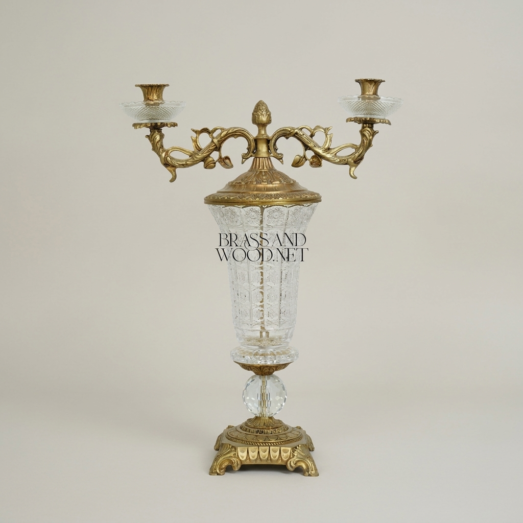 Baroque Crystal & Brass Two-Arm Candelabra with Engraved Urn Body — Antique Gold
