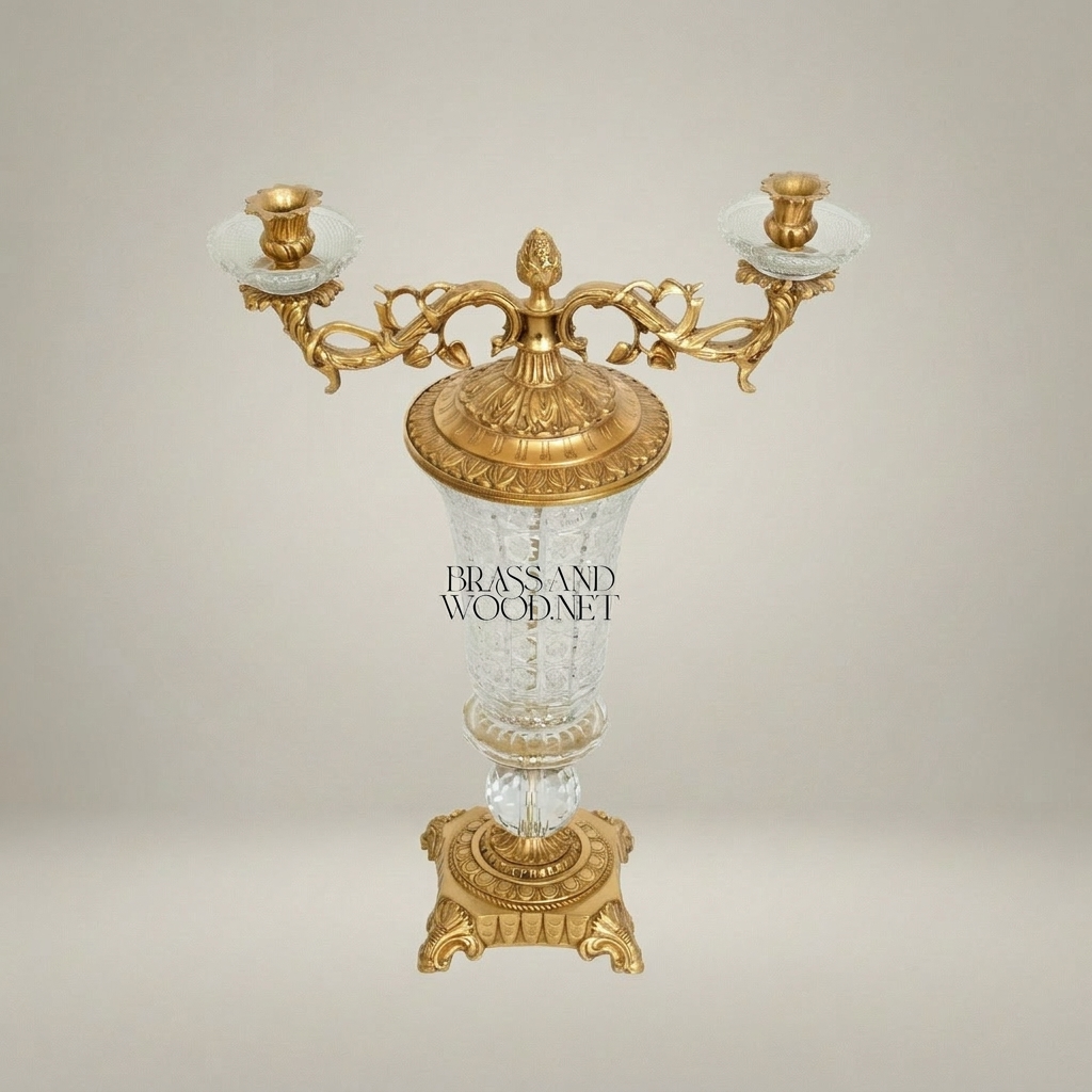 Baroque Crystal & Brass Two-Arm Candelabra with Engraved Urn Body — Gold