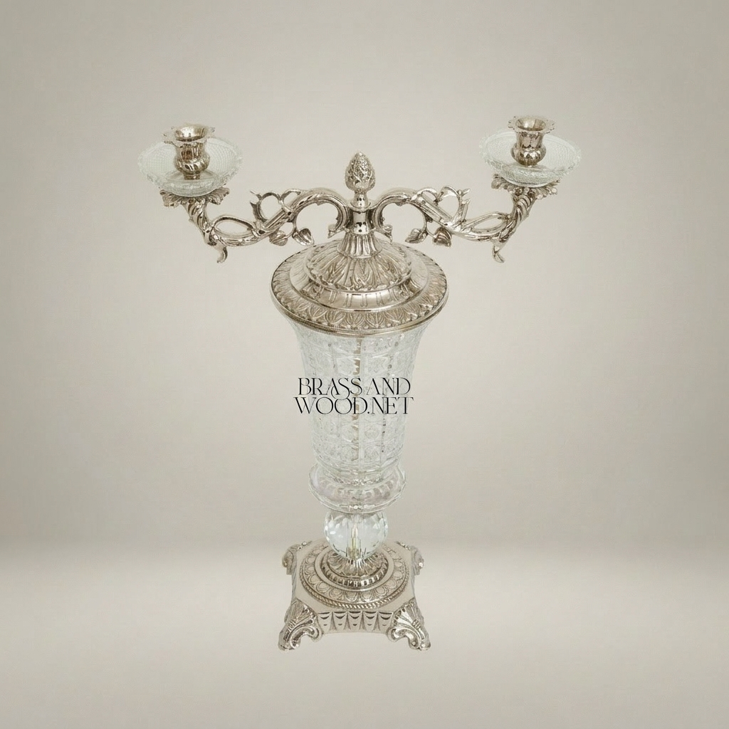 Baroque Crystal & Brass Two-Arm Candelabra with Engraved Urn Body — Silver