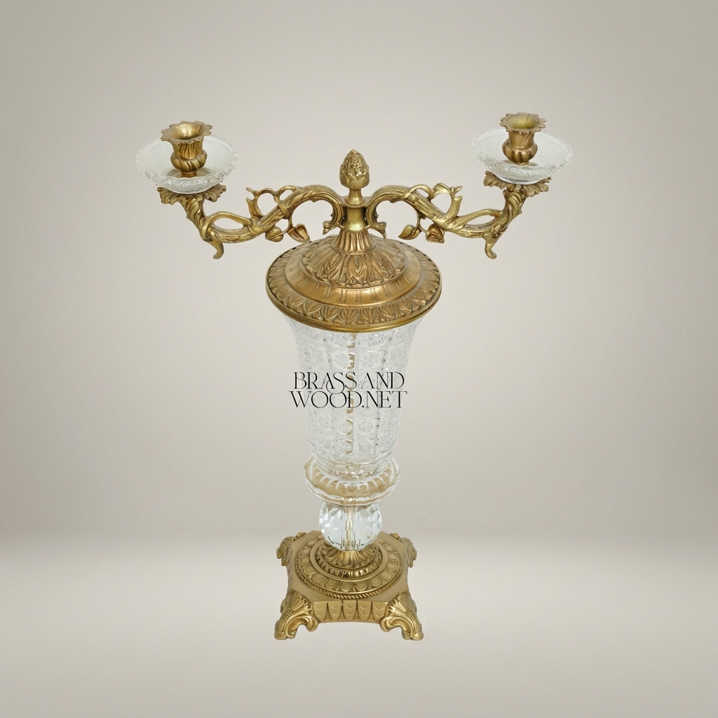 Baroque Crystal & Brass Two-Arm Candelabra with Engraved Urn Body — Antique Gold
