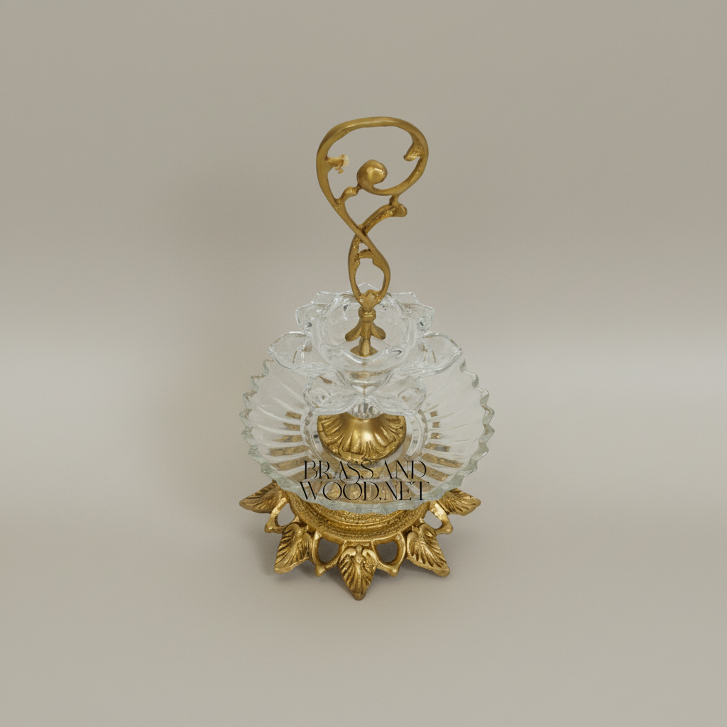 Baroque Crystal & Brass Two-Tier Bonbonniere with Scroll Handle