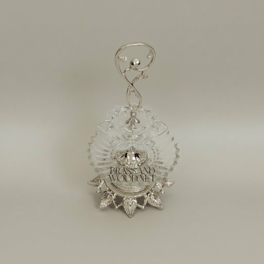 Baroque Crystal & Brass Two-Tier Bonbonniere with Scroll Handle — Silver