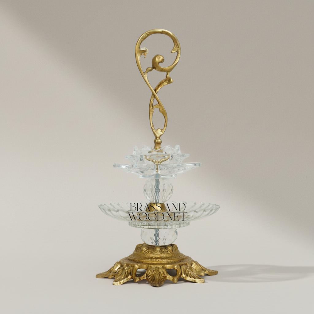Baroque Crystal & Brass Two-Tier Bonbonniere with Scroll Handle — Antique Gold