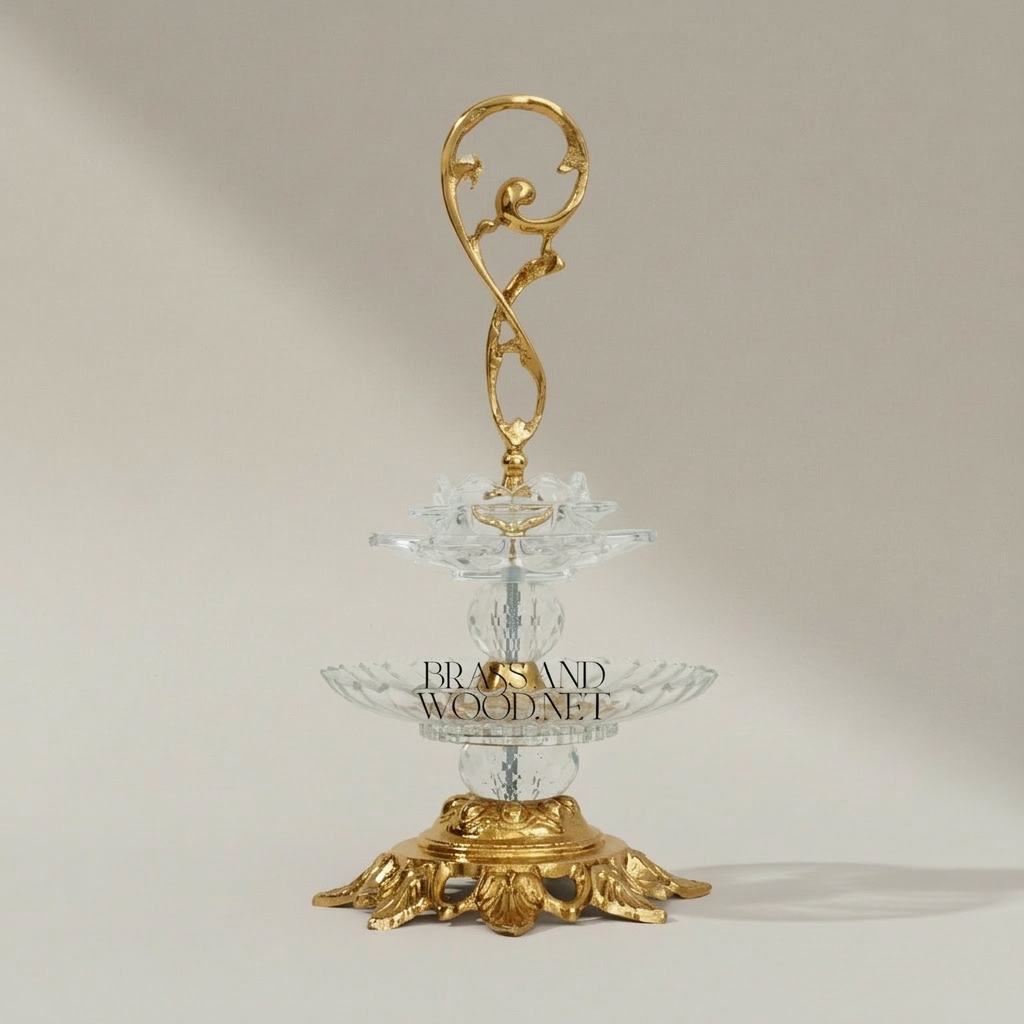 Baroque Crystal & Brass Two-Tier Bonbonniere with Scroll Handle — Gold