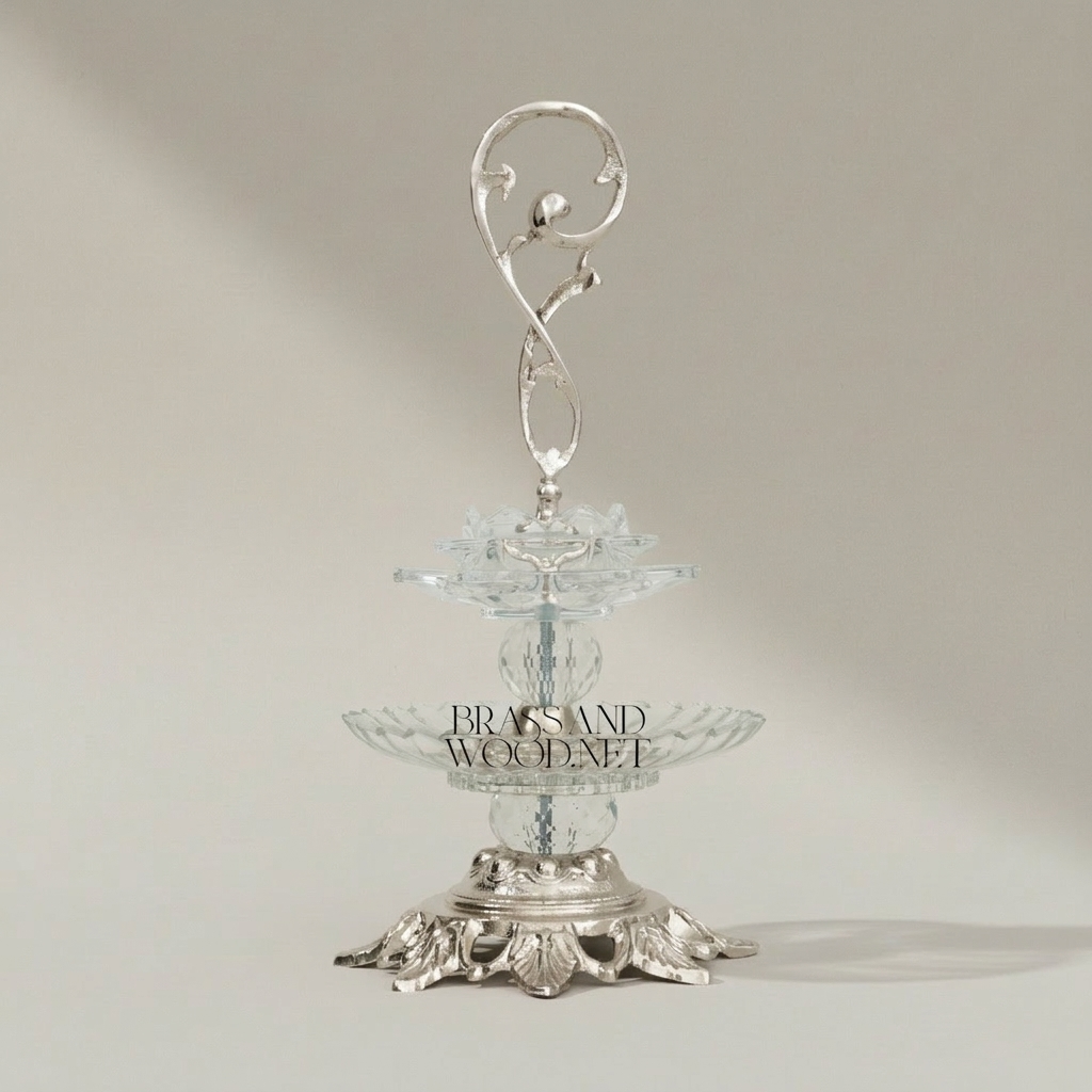 Baroque Crystal & Brass Two-Tier Bonbonniere with Scroll Handle — Silver