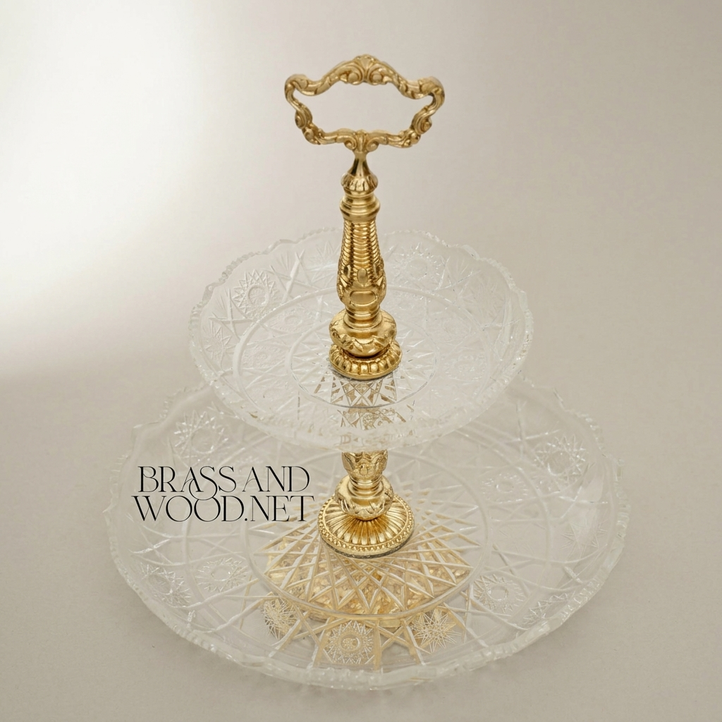 Baroque Crystal & Brass Two-Tier Serving Stand - Ornate Scrolled Handle