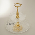 Baroque Crystal & Brass Two-Tier Serving Stand - Ornate Scrolled Handle — Gold