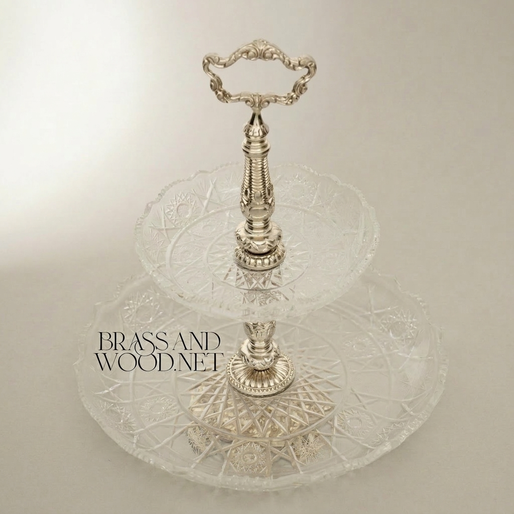 Baroque Crystal & Brass Two-Tier Serving Stand - Ornate Scrolled Handle — Silver