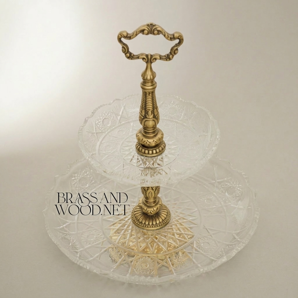 Baroque Crystal & Brass Two-Tier Serving Stand - Ornate Scrolled Handle — Antique Gold
