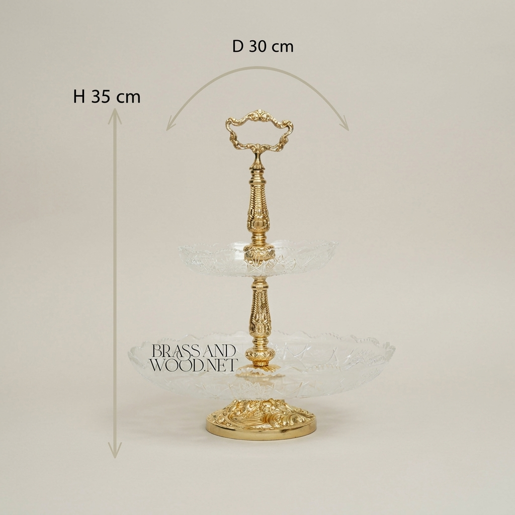 Baroque Crystal & Brass Two-Tier Serving Stand - Ornate Scrolled Handle