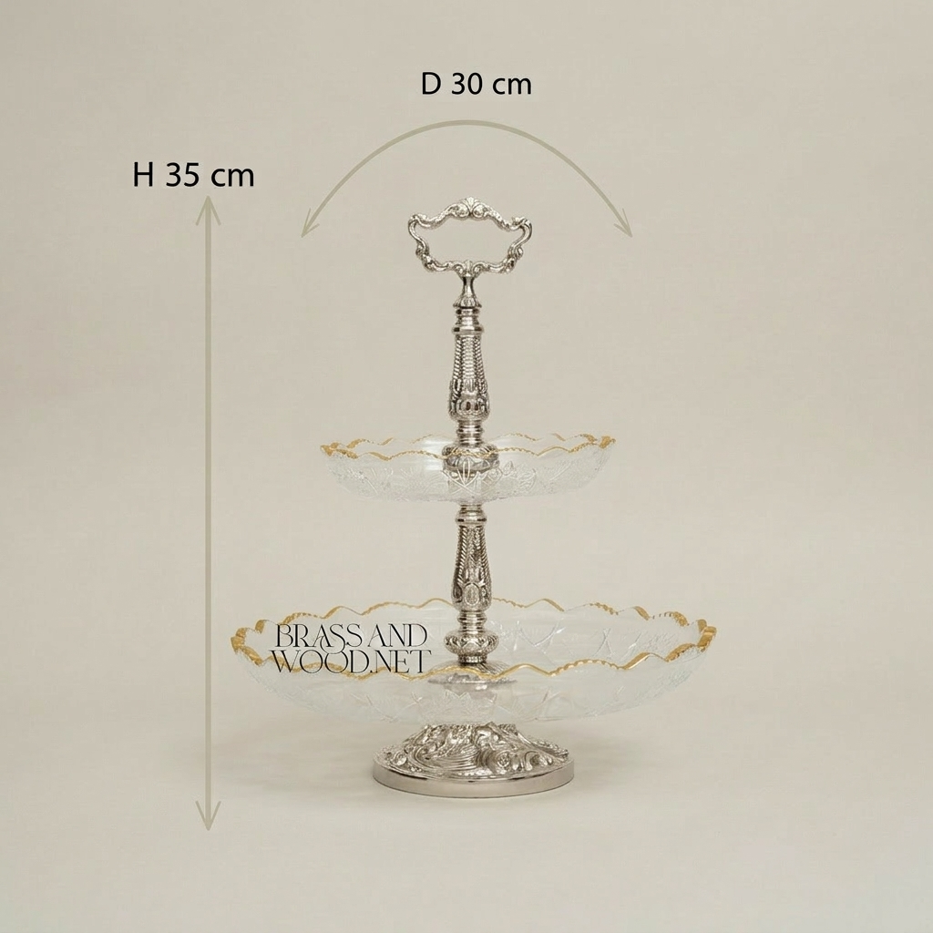 Baroque Crystal & Brass Two-Tier Serving Stand - Ornate Scrolled Handle — Silver