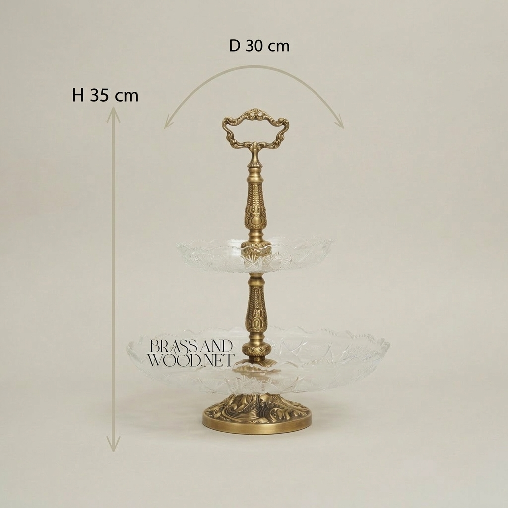 Baroque Crystal & Brass Two-Tier Serving Stand - Ornate Scrolled Handle — Antique Gold