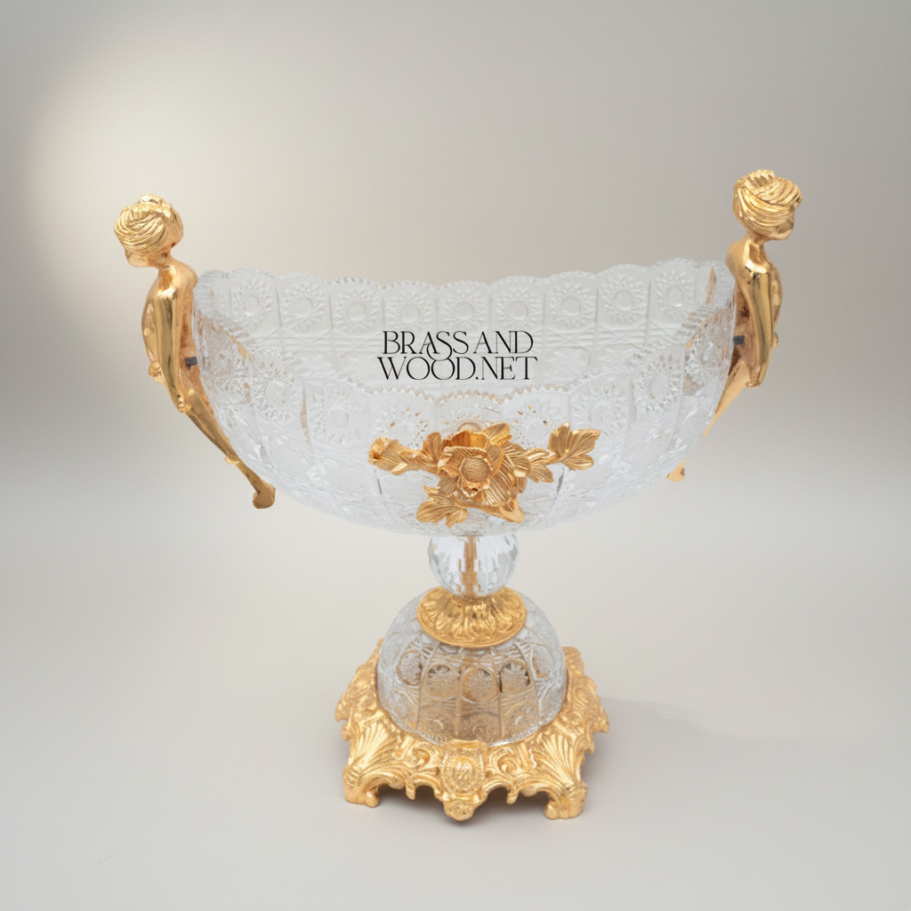 Baroque Crystal & Brass Vase and Centerpiece Bowl Set - Cherub & Female Figure Handles