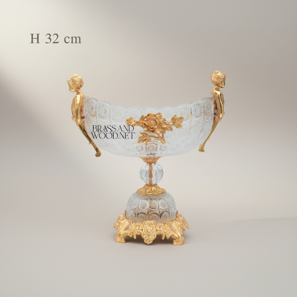 Baroque Crystal & Brass Vase and Centerpiece Bowl Set - Cherub & Female Figure Handles — Gold
