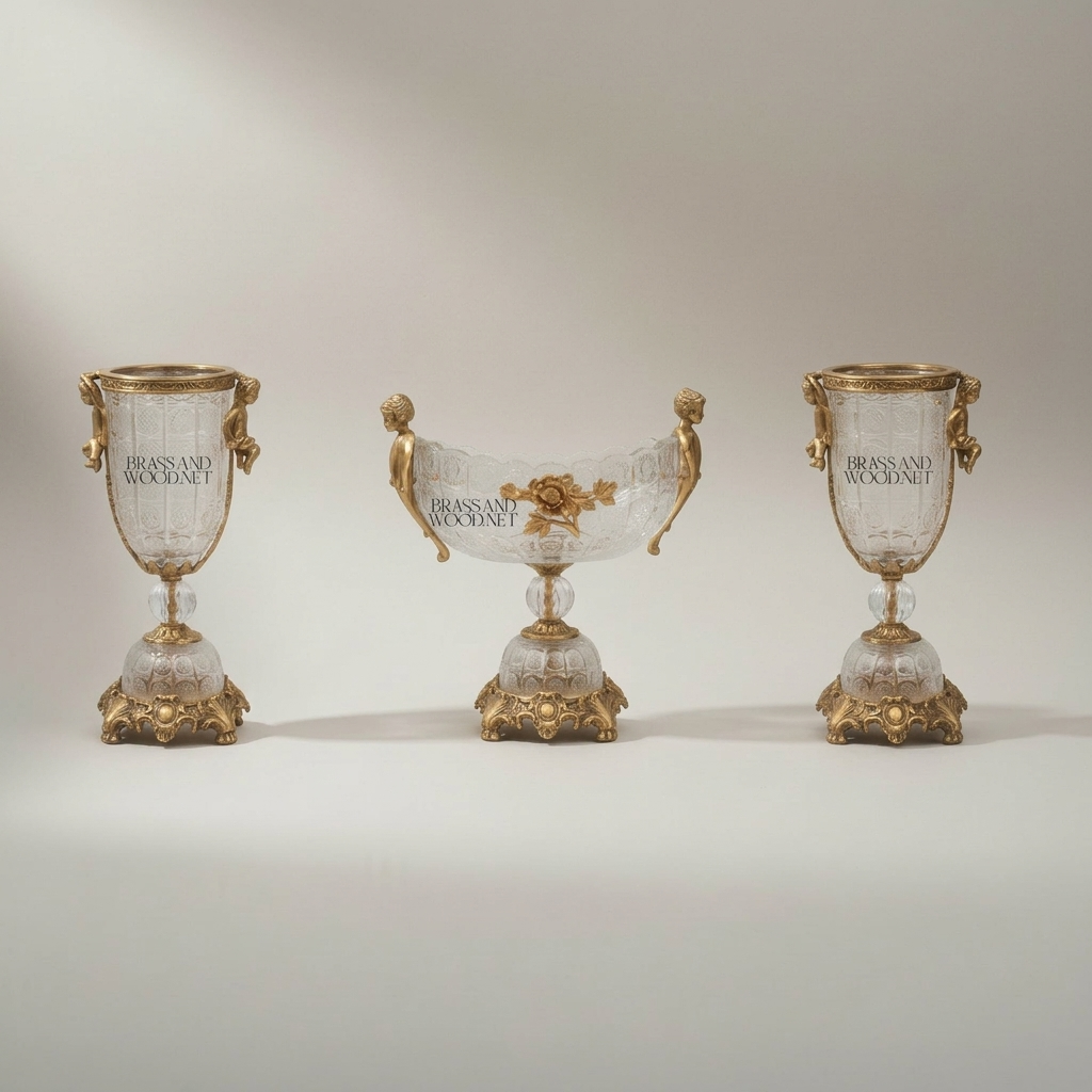 Baroque Crystal & Brass Vase and Centerpiece Bowl Set - Cherub & Female Figure Handles — Antique Gold
