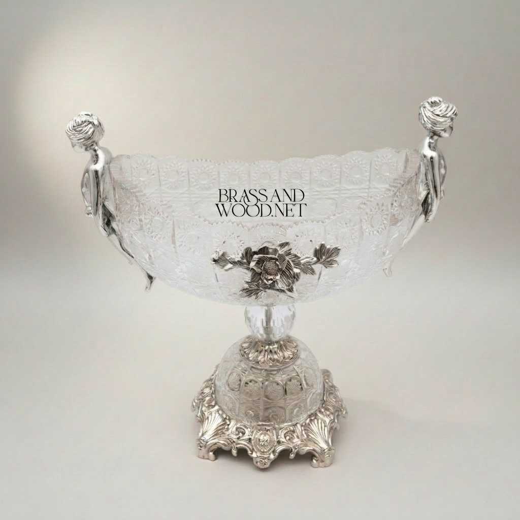 Baroque Crystal & Brass Vase and Centerpiece Bowl Set - Cherub & Female Figure Handles — Silver