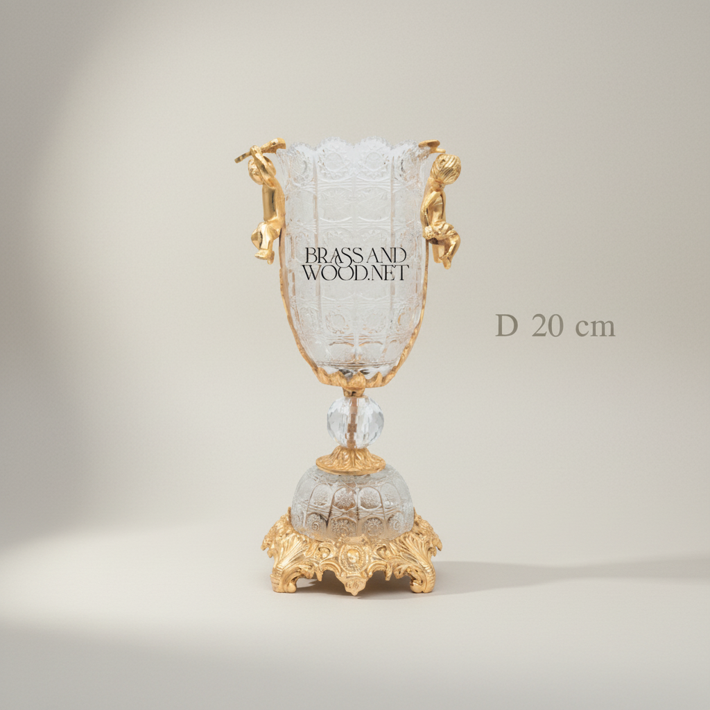 Baroque Crystal & Brass Vase and Centerpiece Bowl Set - Cherub & Female Figure Handles — Gold