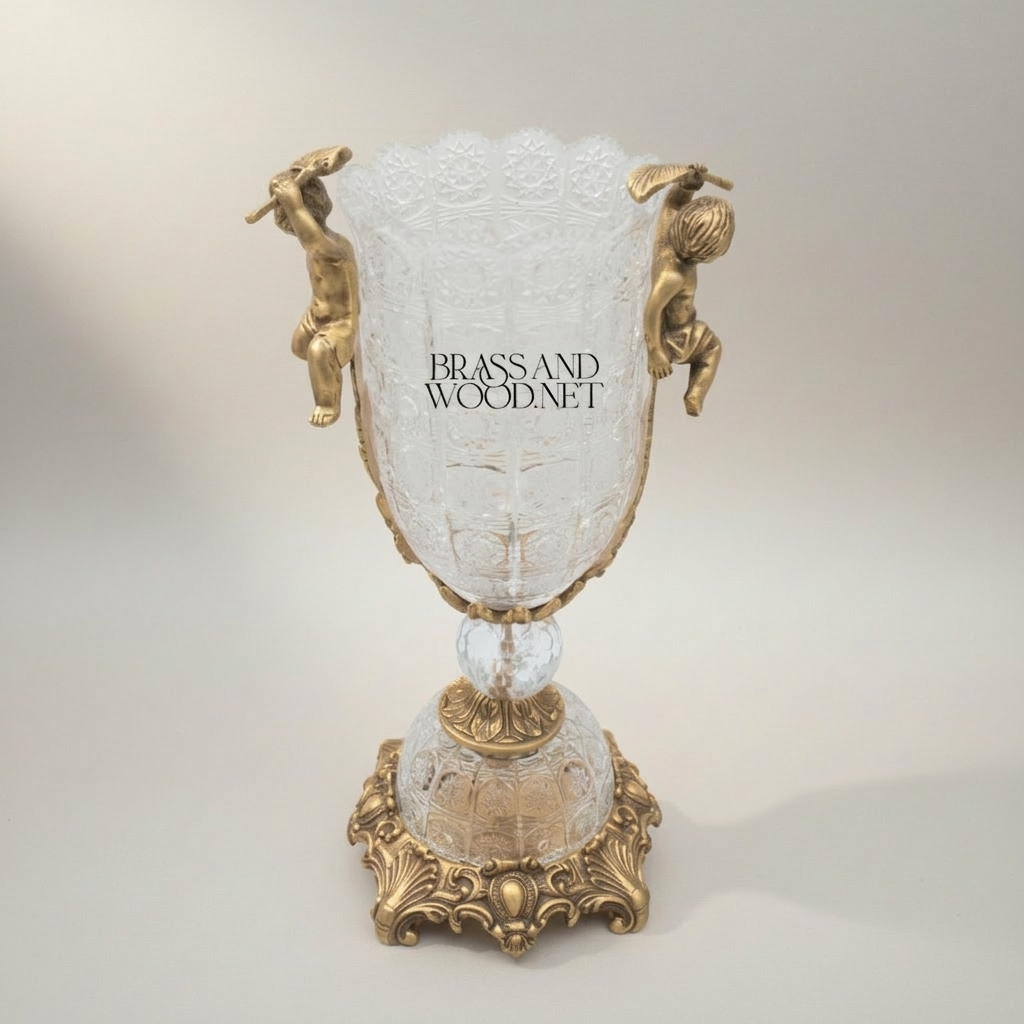 Baroque Crystal & Brass Vase and Centerpiece Bowl Set - Cherub & Female Figure Handles — Antique Gold