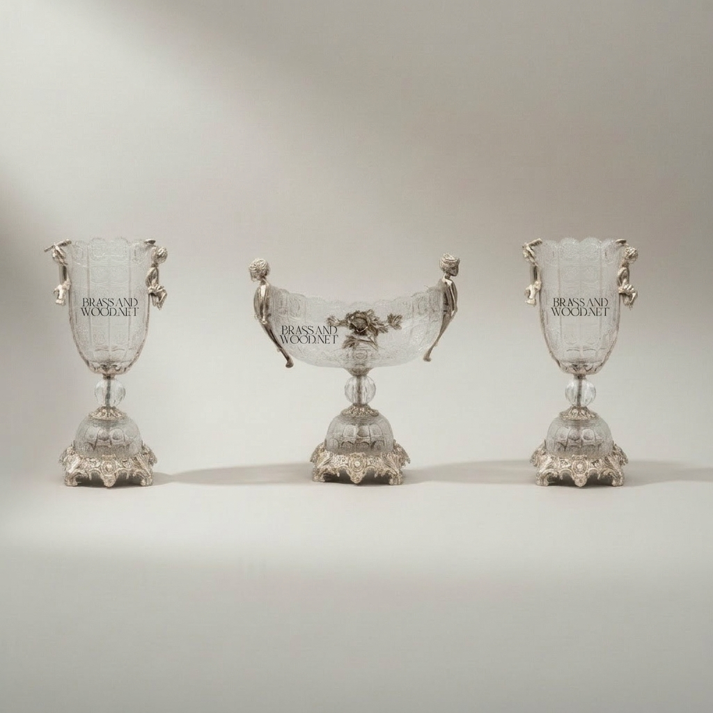Baroque Crystal & Brass Vase and Centerpiece Bowl Set - Cherub & Female Figure Handles — Silver