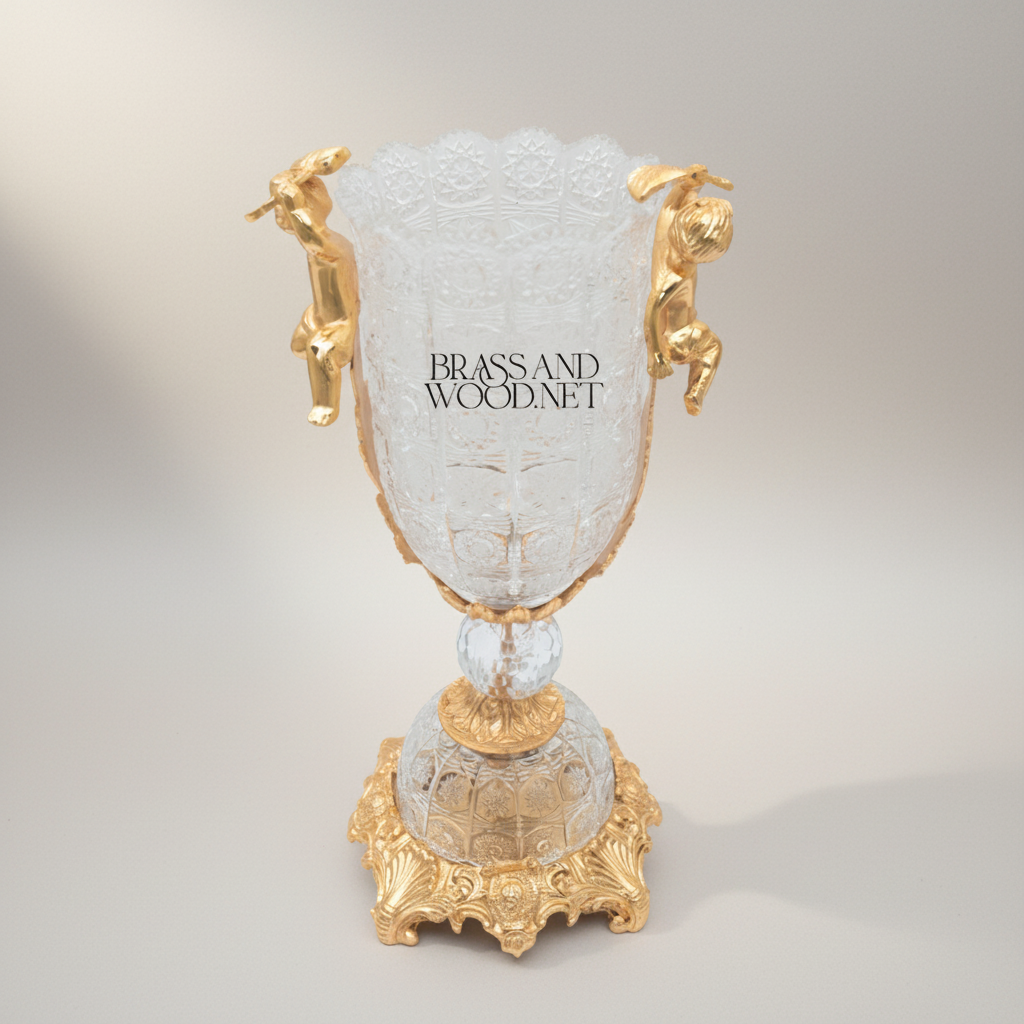 Baroque Crystal & Brass Vase and Centerpiece Bowl Set - Cherub & Female Figure Handles
