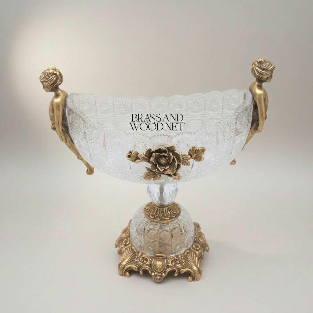 Baroque Crystal & Brass Vase and Centerpiece Bowl Set - Cherub & Female Figure Handles — Antique Gold