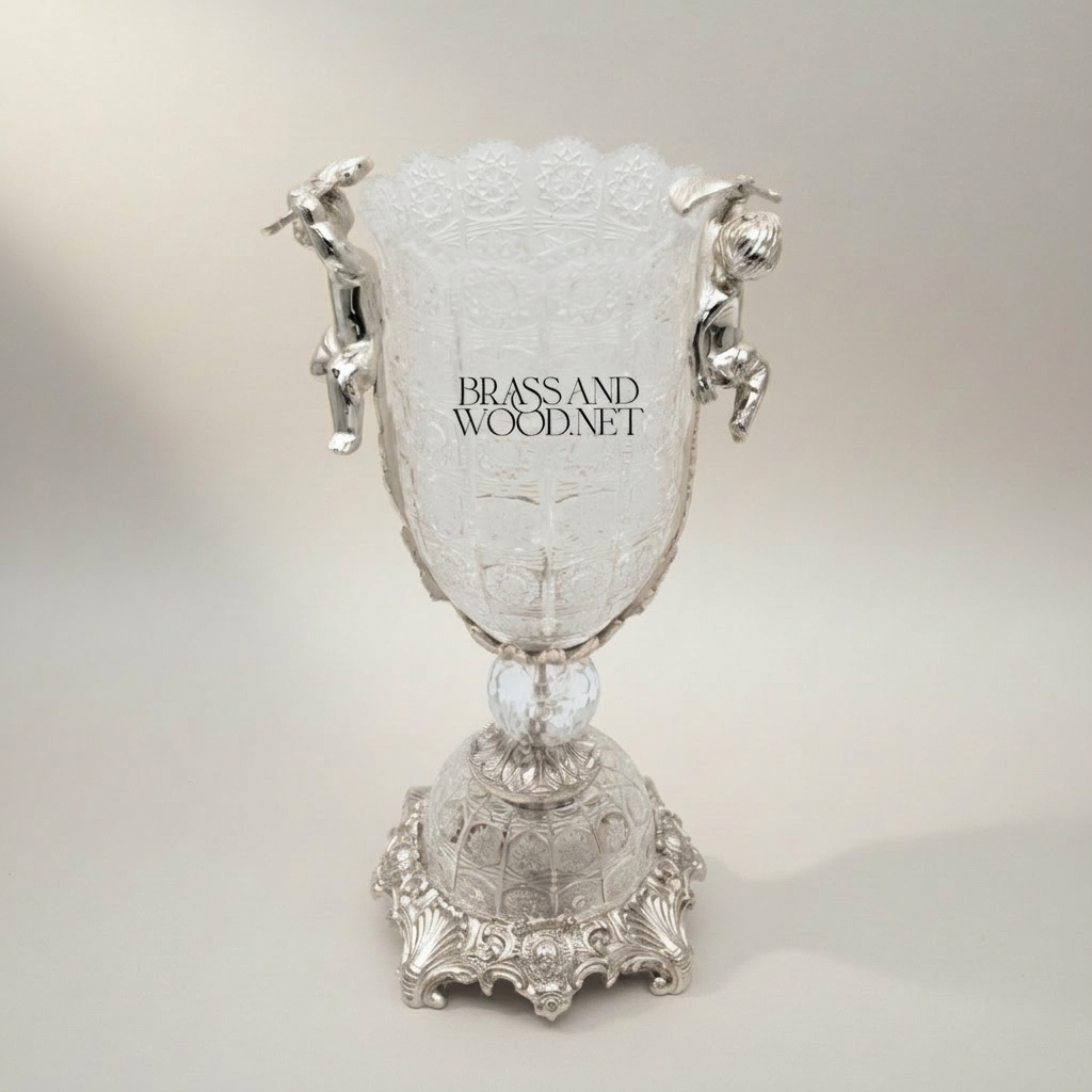 Baroque Crystal & Brass Vase and Centerpiece Bowl Set - Cherub & Female Figure Handles — Silver
