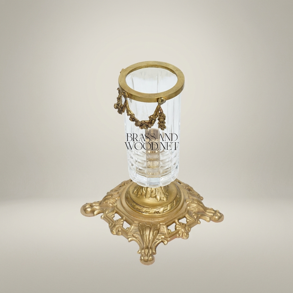 Baroque Crystal Candle Holder with Floral Swag Brass Base — Antique Gold