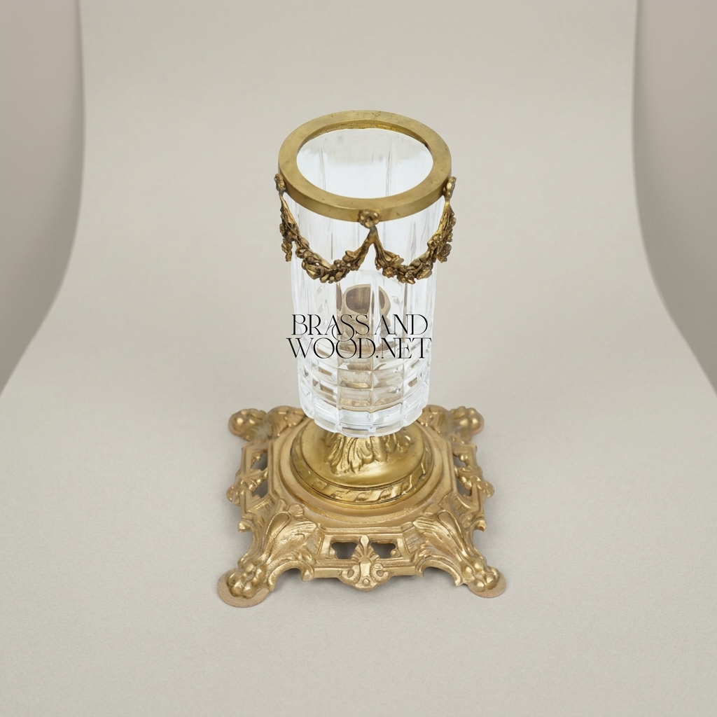 Baroque Crystal Candle Holder with Floral Swag Brass Base — Antique Gold
