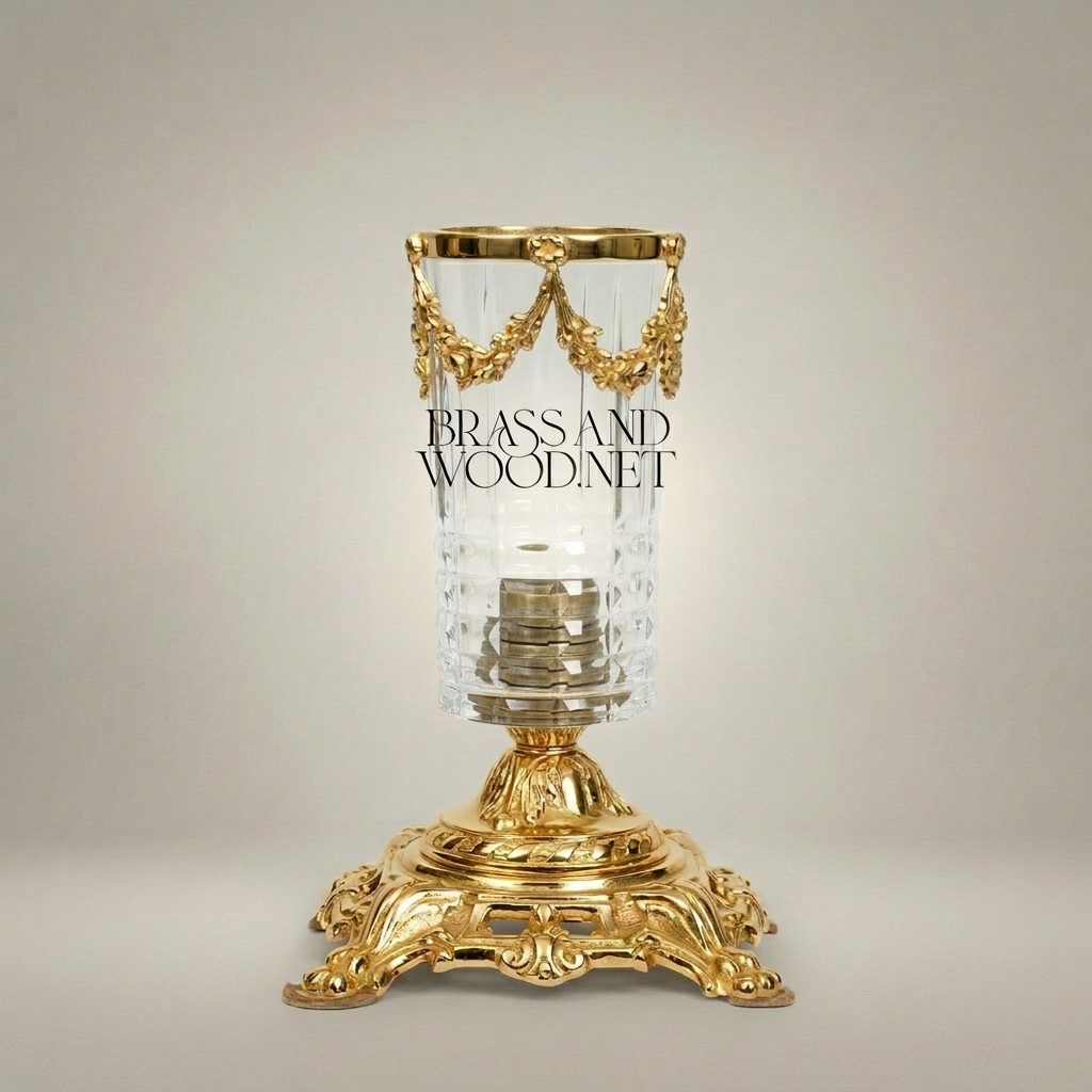 Baroque Crystal Candle Holder with Floral Swag Brass Base — Gold