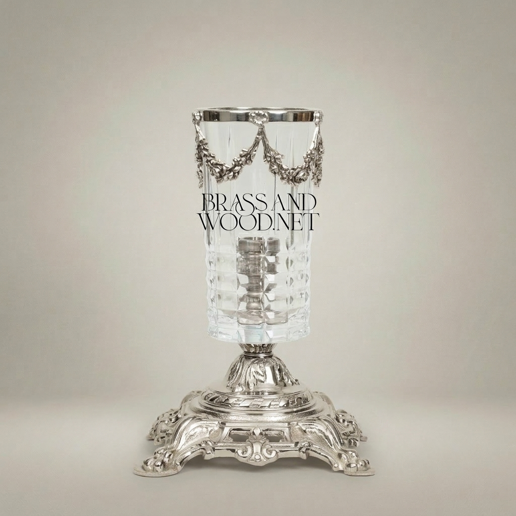 Baroque Crystal Candle Holder with Floral Swag Brass Base — Silver