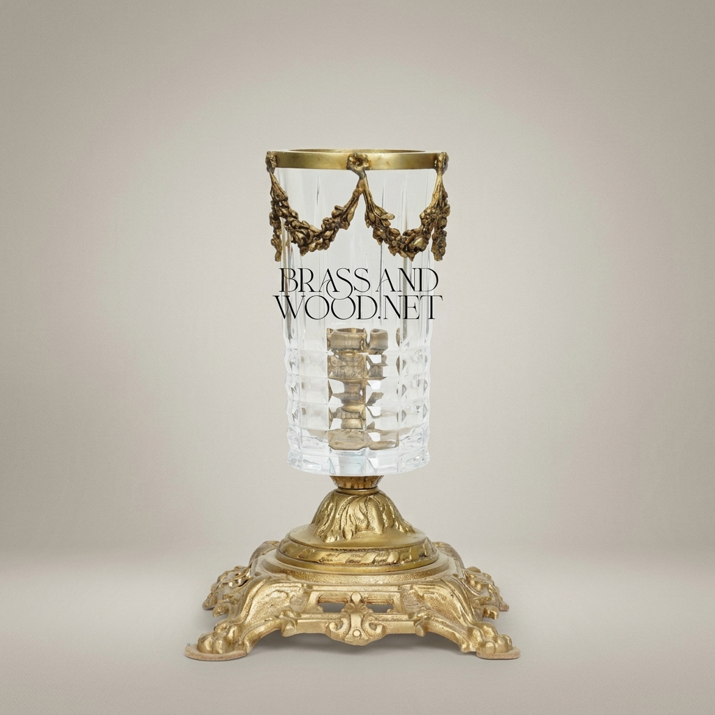 Baroque Crystal Candle Holder with Floral Swag Brass Base — Antique Gold