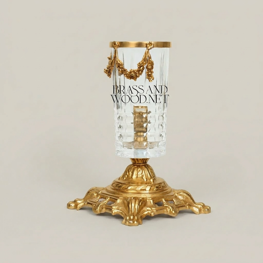 Baroque Crystal Candle Holder with Floral Swag Brass Base — Gold