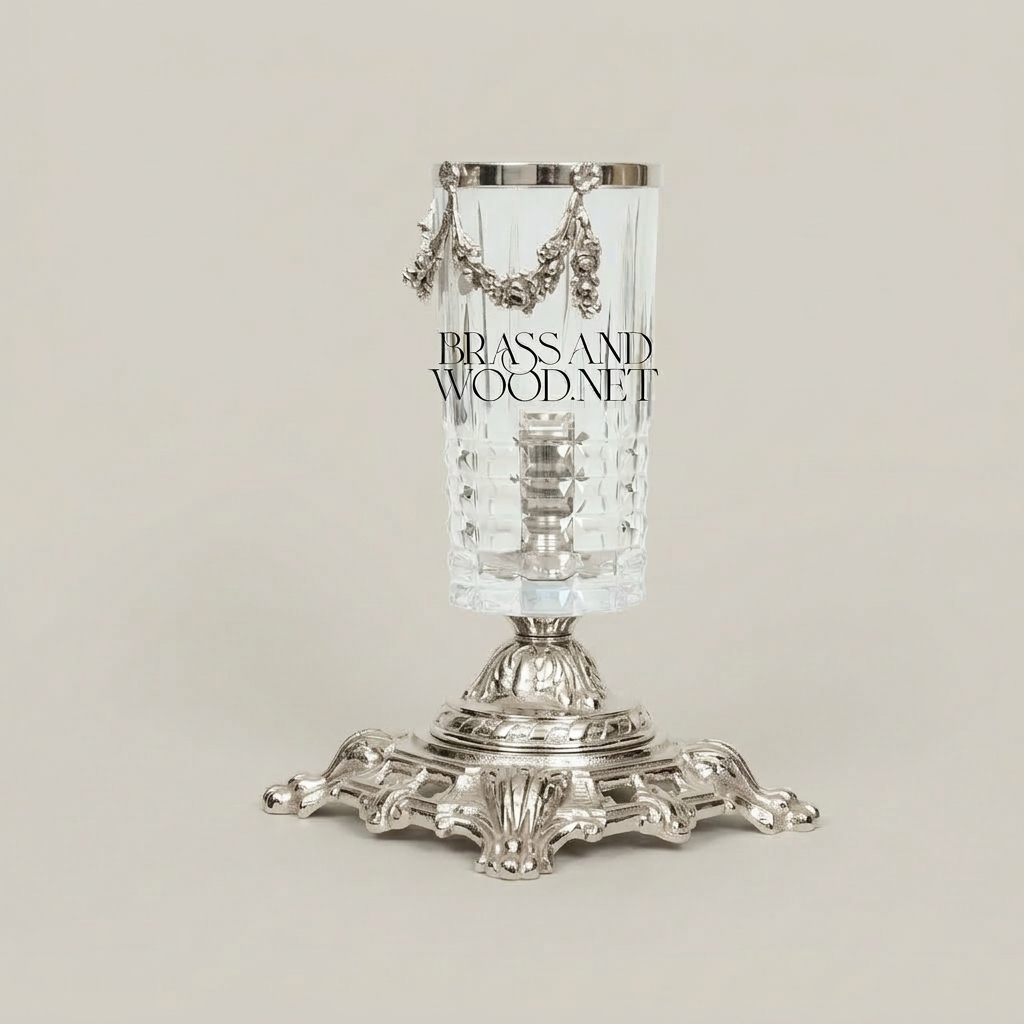 Baroque Crystal Candle Holder with Floral Swag Brass Base — Silver