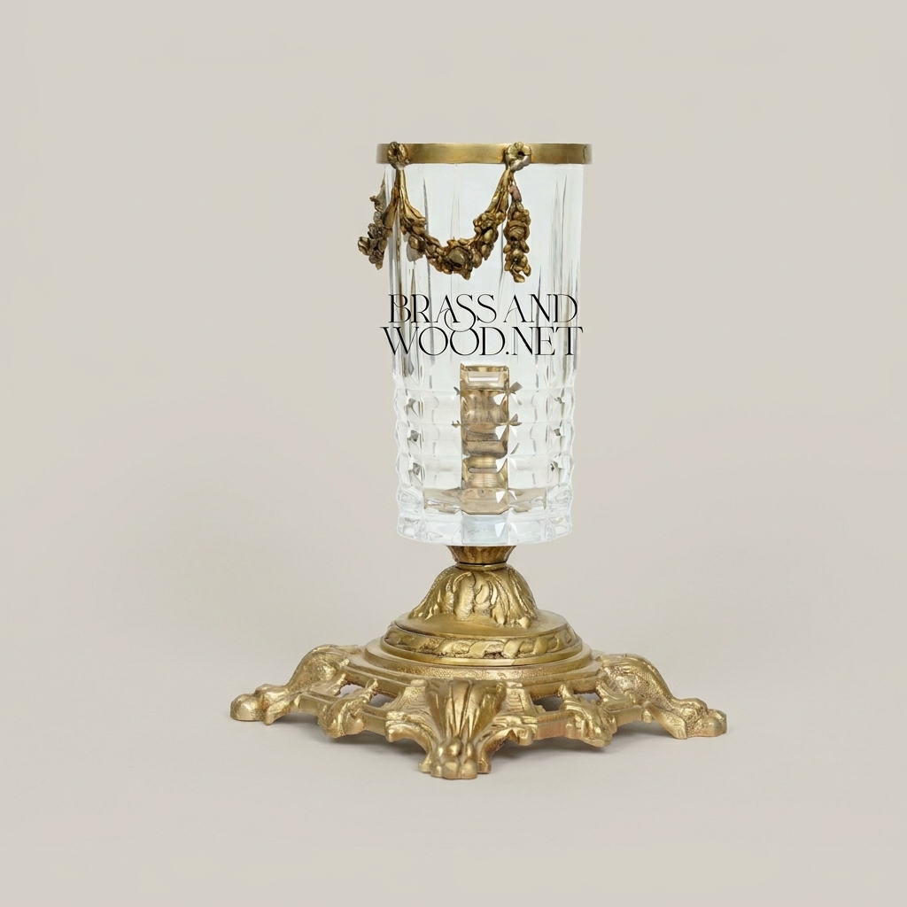 Baroque Crystal Candle Holder with Floral Swag Brass Base — Antique Gold